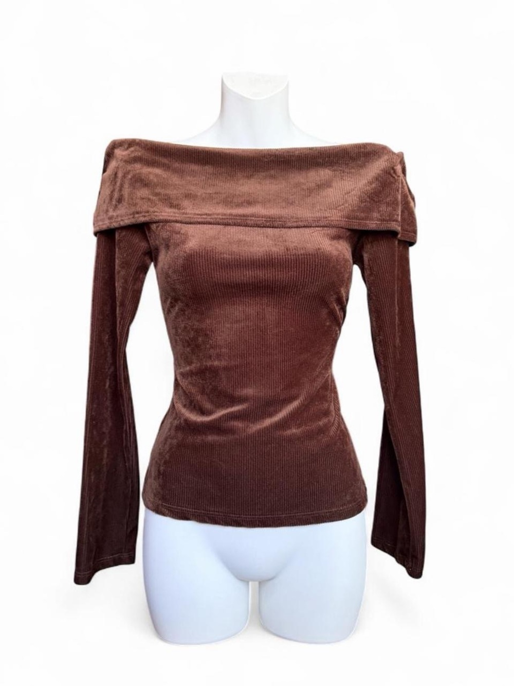 Off-the-Shoulder Long Sleeve Velvet Top - Brown